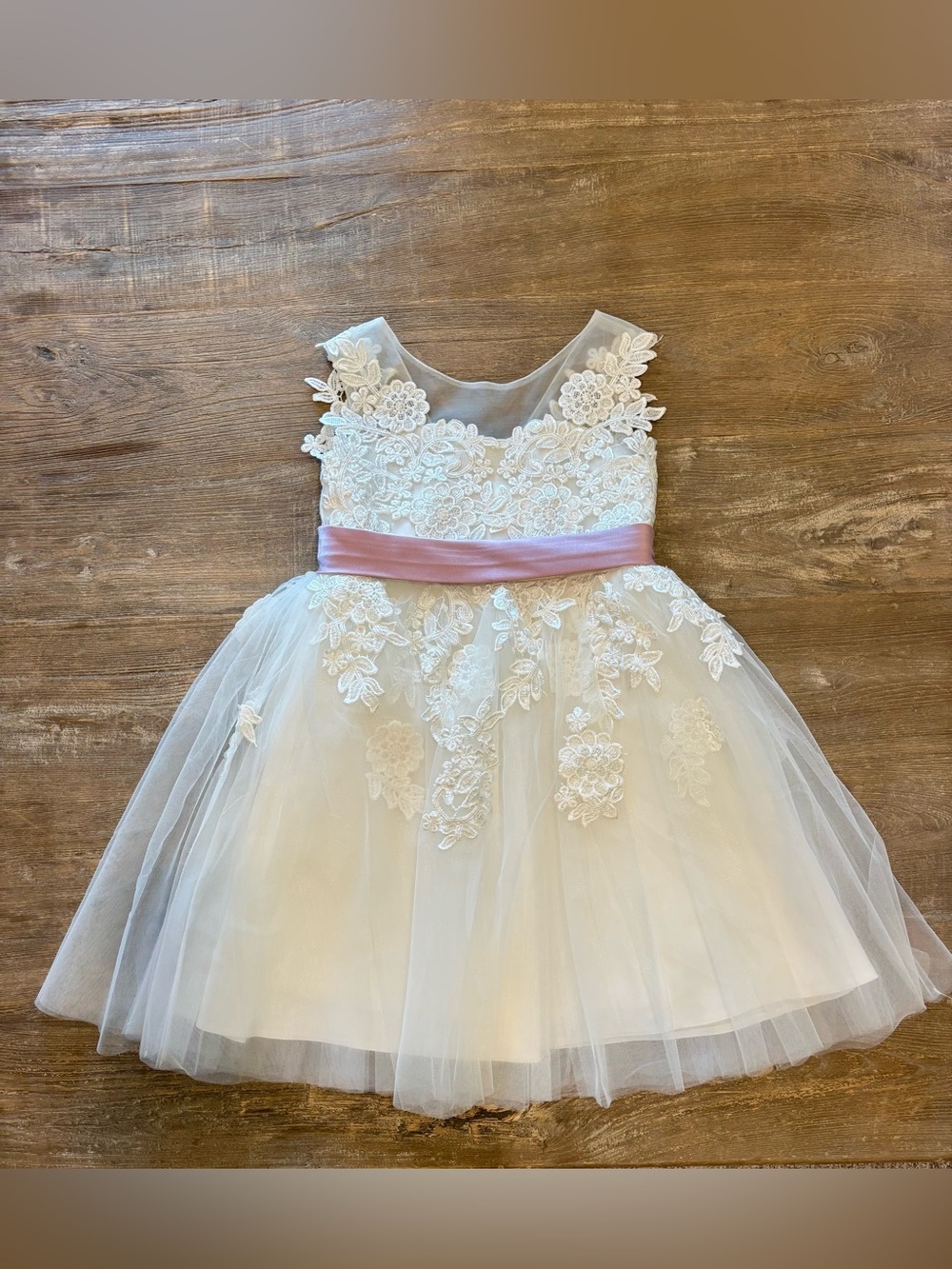JJs House Ivory Lace Tulle Dress with Pink Sash - Size 7